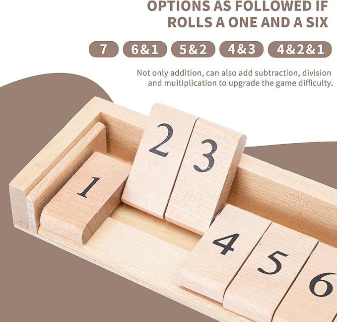 Shut The Box Dice Game Board Game | Travel Size 11'' Wooden | 12 Numbers | 2 Classic Dice & 2 Number Dice | Storage Bag | Instructions | Math Learning Classroom | Kids, Adults