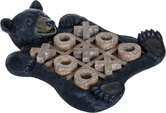 Pine Ridge Black Bear Tic Tac Toe Tabletop Game - Tic Tac Toe Decorative Game Teddy Bear Black Rustic Wilderness Home Decor - Indoor Recreational Games Black Bear Decor