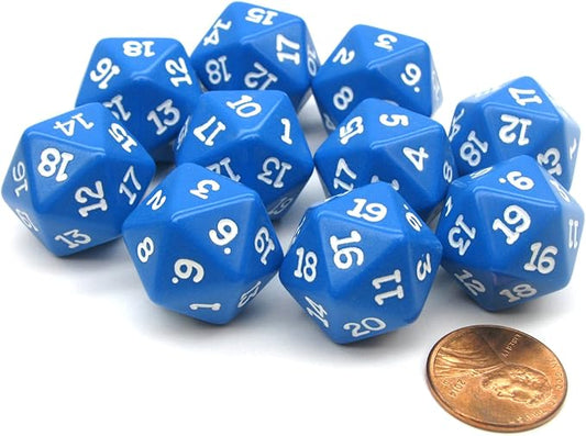 Koplow Games Set of 10 Twenty Sided 19mm D20 Opaque RPG Dice - Blue with White Numbers Die