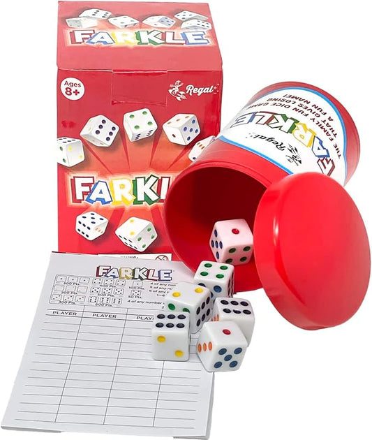 Regal Games - Farkle Classic Dice Game w/ 6 Colored Dice, 1 Convenient Dice Cup for Easy Shaking, and 25 Score Sheets - Fun Family Game for Travel, Camp, and More - Ideal for 2-4 Players (Ages 12+)