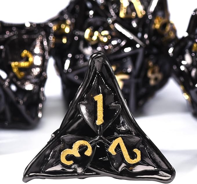 AUSTOR Metal DND Dice Set 7 Pieces Leaf DND Dice Hollow Polyhedral Dice D20 D12 D10 D% D8 D6 D4 Metal Dice with Metal Box for Dungeons & Dragons RPG Board Games(Black & Gold)