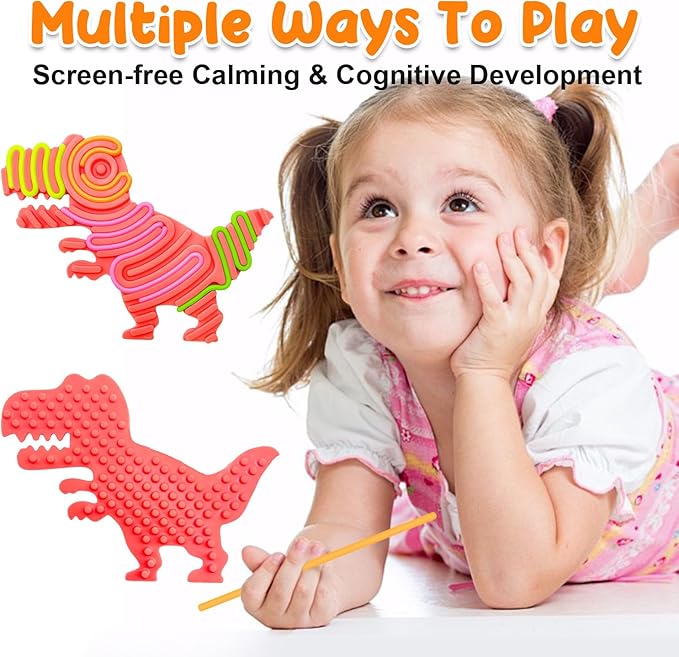 Dinosaur Sensory Activity Board for Kids, Double-Sided Silicone Fidgets Toys - Silent, No Mess, for Calming, Stress Anxiety, ADHD&Autism - Includes Portable Travel Bag & 10 Strings, Orange