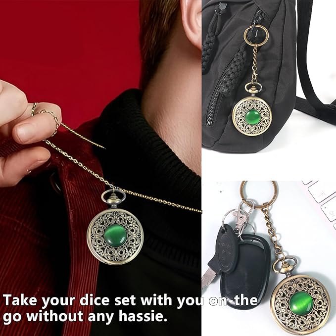 Mini DND Dice Set with Watch Shell and Keychain, Portable 7PCS Polyhedral Metal Dice Set Perfect for Dungeons and Dragons Gifts, MTG, Role Playing Board Games Accessory (Ancient Bronze)