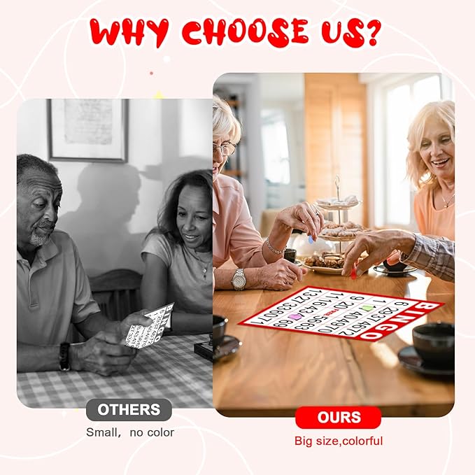 50 Sheets Double-Sided 8’’×9’’ Large Bingo Cards for Seniors Jumbo Bingo Cards and Chips Colorful Paper Sheets Deluxe Game Set with Colorful Transparent Chips Game Supplies for Adults Party Games