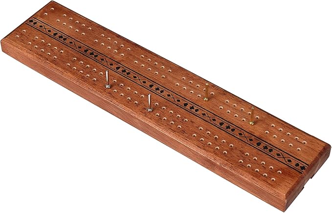 STERLING Games Wooden Cribbage 12 inch Double Track Cribbage Board Playing Cards Included, Wood Burnt Unique Poker Design Cribbage Board for 2 Persons