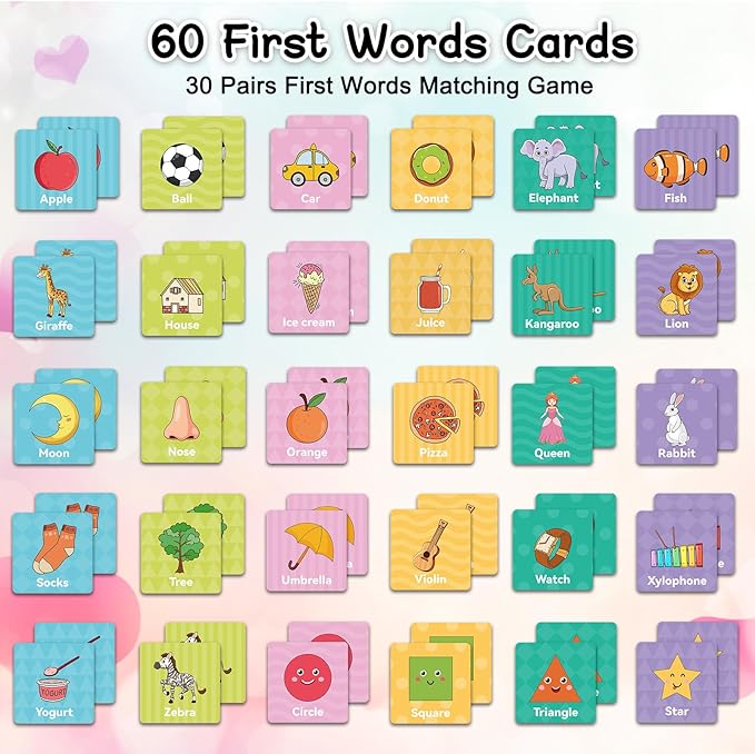 Memory Game First Words, Memory Games for Kids Ages 4-8, Matching Games for Toddlers 3-5,60PCS Flash Cards Phonics Games,Memory Card Game 2-4 Years,Homeschool Educational Toys Speech Therapy Materials