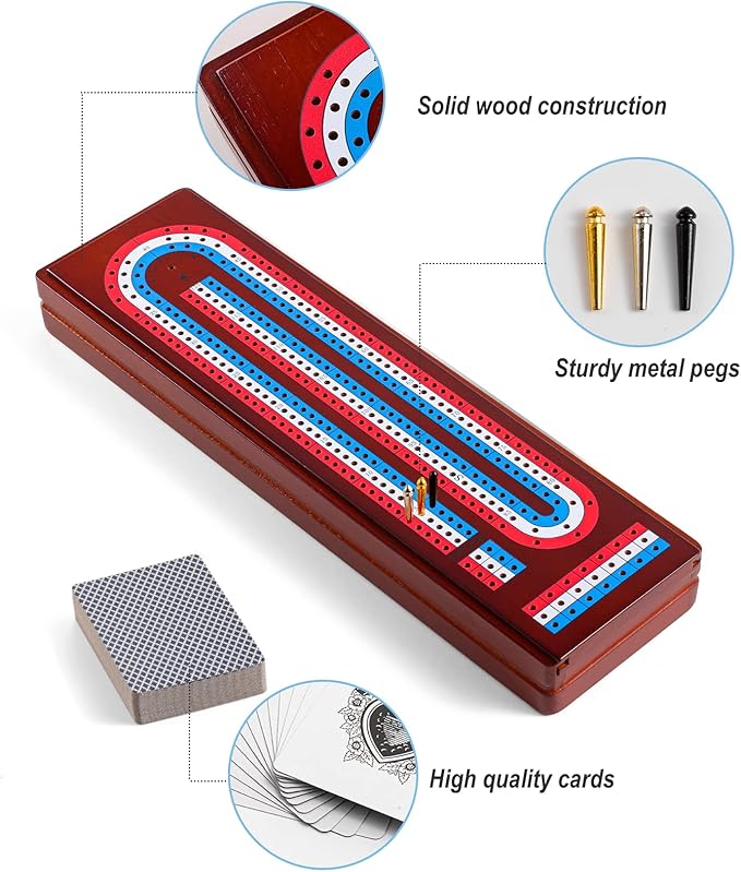 Cribbage Board Game Set with Large Storage Area, Solid Wood 3 Track Cribbage Board, 9 Metal Pegs, 2 Playing Cards and Instruction. Travel Cribbage Sets for All Ages(Vintage Color).