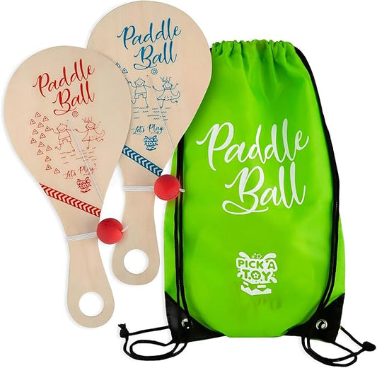 PICK A TOY Wooden Paddle Ball with String (Set of 2) with Green Carry Bag - Indoor Outdoor Toy: Kids Fun and Classic Paddleball Game for Boys and Girls, Party Favor Toys Ages 4+