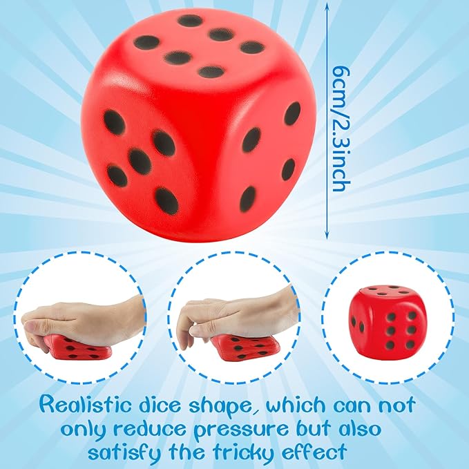 Zomiboo 2 Pcs Large Foam Dice Stress Balls Soft Jumbo 6 Sided Giant Dice Educational Learning Squeeze Anxiety Relieve Toy Gifts for Adults Kids Board Game Classroom(Red, Blue,2.3 Inch)