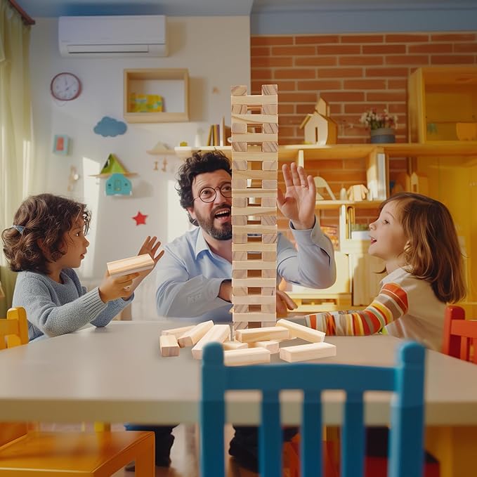 Wooden Stacking Blocks Game - 54 pcs Tumbling Tower Set for Kids & Adults, Family Board Games Indoor/Outdoor, Educational STEM Toy with Natural Wood Blocks, Portable Stacking Toys Party Games