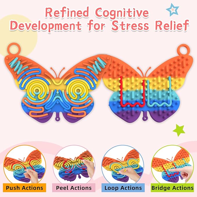 Silicone Sensory Activity Board,Double-Sided Busy Board for Fine Motor Skill,Fidget Toy for Calming, Stress, Anxiety, ADHD , Autism , Silent, No Mess , Kids 3+ & Adults(Butterfly,Colorful)