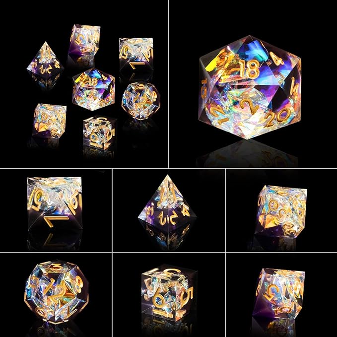 DND Dice Set Resin Sharp Edge Handmade 7pcs Polyhedral Dice Set DND RPG MTG Role Playing Game Dice Set D&D Dice with Gift Case for Dungeons and Dragon (White-Violet)