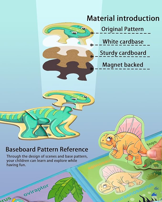 Magnetic Puzzles for Toddlers 2-4, Travel Puzzles Games for Kids Ages 1-3, Dinosaur Activities Toy Wooden Jigsaw Puzzles Book for Boys & Girls 1 2 3 4 5, Learning Magnet Gift for Road Trip (Dinosaur)