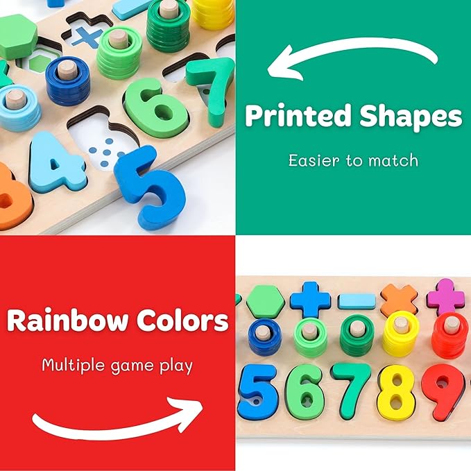 Wooden Montessori Toys for Kids Toddler Number Puzzles Sorter Counting Shape Stacker Stacking Game Preschool Toys for Boy Girl Learning Education Math Blocks 1 Year Old Girl Gifts (Rainbow)
