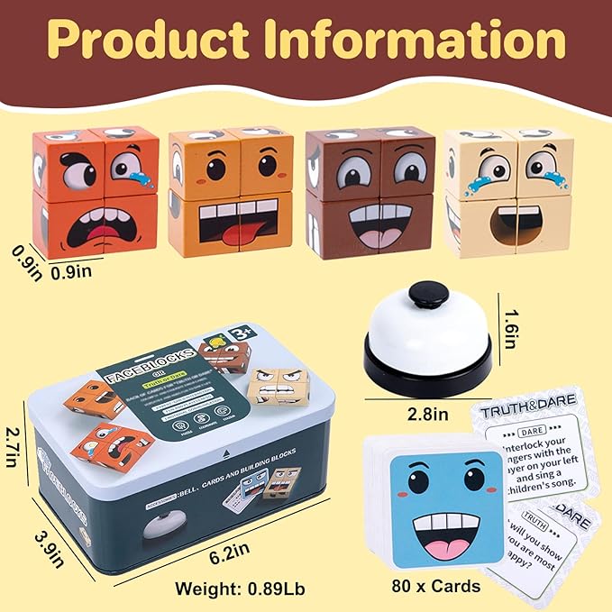 Face Change Cube Game, Face Blocks Wooden Face Changing Magic Cube Game with Bell Mini Expression Puzzle Building Blocks Game Kids Toy Boys Girls