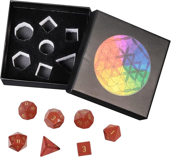 TUMBEELLUWA Engraved Crystal Stone Polyhedral Dice Set for RPG MTG Dungeons and Dragons Table Game 7 Pieces DND Board Game Dices with Pouch, Red Jasper