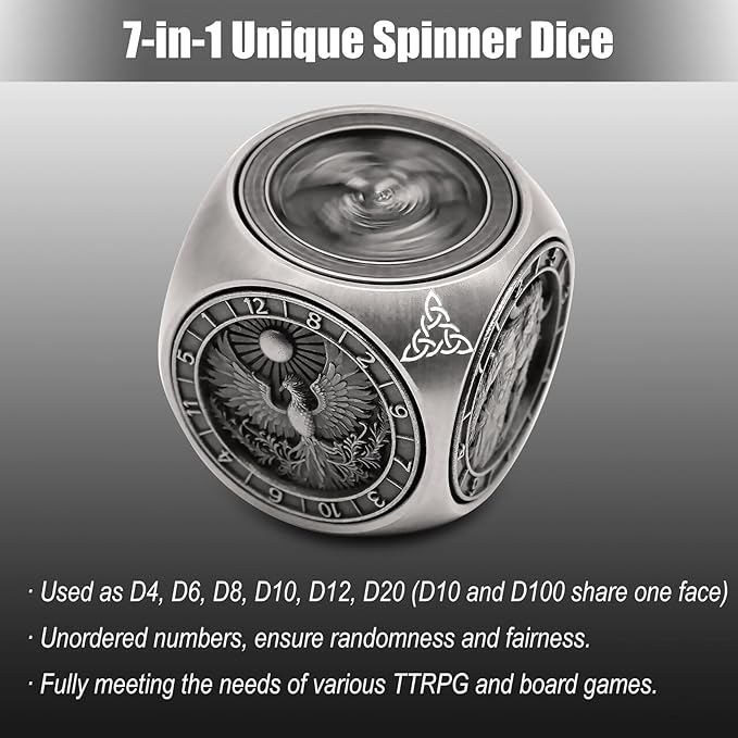 DND Spinner Dice, 7 in 1 Unique Metal Dice Set with 3D Relief for Dungeons and Dragons Gifts, Cool Polyhedral Role Playing Game Dice, Fantasy D&D Tabletop RPG Accessories for DM & Player (Silver)