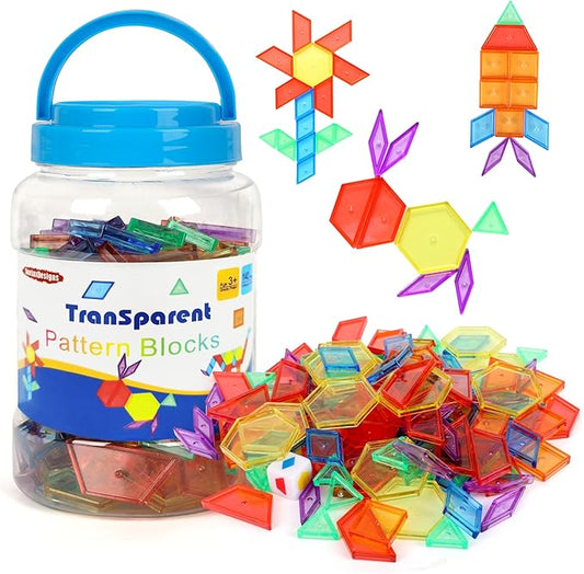 140 Pcs Transparent Pattern Blocks Set for Light Table, Geometric Shapes Blocks, Math Manipulative for Shape Recognition, Light Table Accessories and Manipulatives