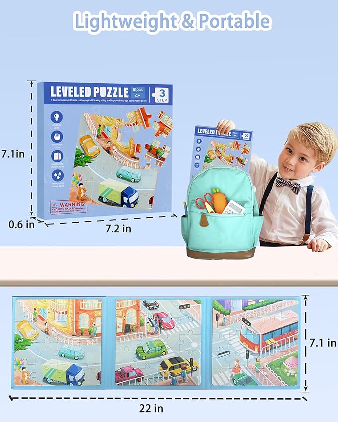 Magnetic Puzzles for Kids Ages 4-8, 3 in 1 Magnet Jigsaw Puzzle Book, Kids Travel Puzzles Car Road Trip Activities Toys, Learning Magnet for Road Trip (Transportation)