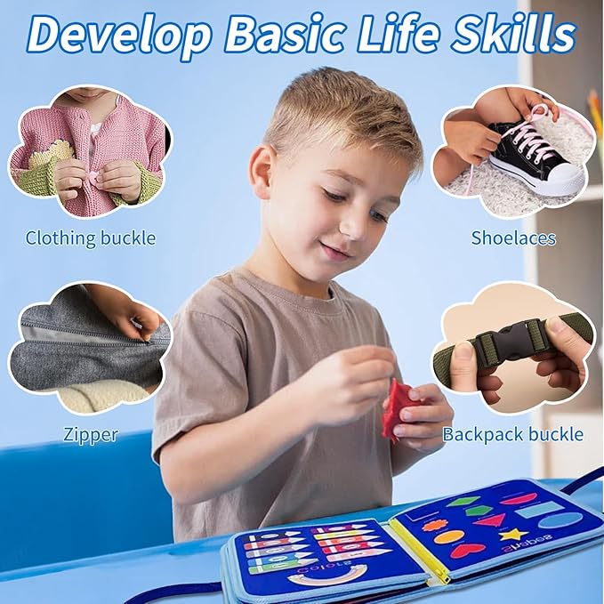 Montessori Busy Board for Toddlers 1-3 Sensory Toy with Zippers, Buttons & Laces Develop Fine Motor Skills Travel-Friendly Learning Activity Board, for Kids