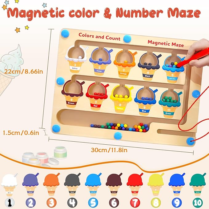 Magnetic Color and Number Maze - Toddler Toys for 3 4 5 Year Old, Wooden Color Matching & Counting Puzzle Board-Toddler Fine Motor Skills Learning Toys Holiday & Birthday Gifts for Kids