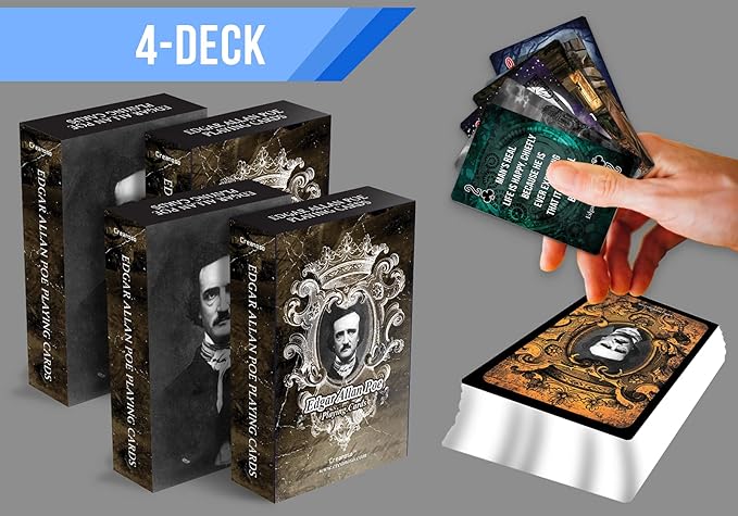Creanoso Edgar Allan Poe Playing Cards (4-Deck) - Poker Size Standard Deck Cards for Blackjack, Euchre, Canasta, Pinochle Card Game, Casino Grade – Stocking Stuffers Gift for Men & Women, Teens