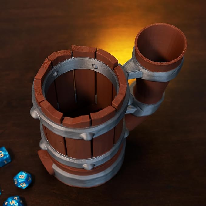 Mug Dice Tower - Dice Rolling Tower, for DND and Tabletop Games, Drink Holder, Tavern Style Board Game Roller, Comes with Random Polyhedral dice, Brown / Grey, BGRS02