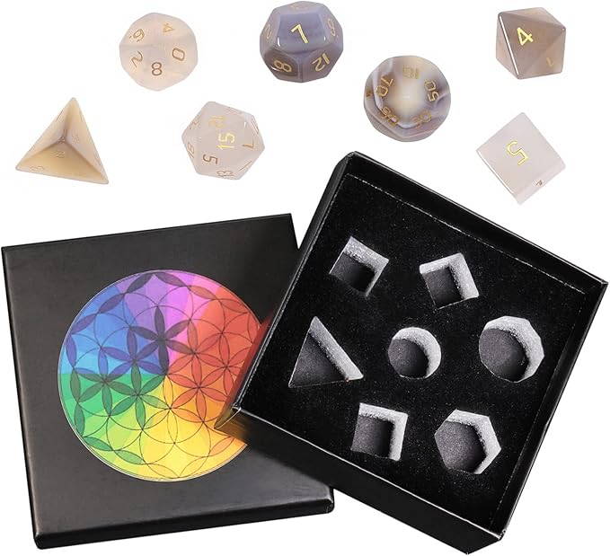 Nupuyai Healing Grey Agate Crystal D&D Polyhedral Dice Set with Box for Dungeons and Dragons, Set of 7 Table Top Game Dice for RPG MTG Roleplaying Collection