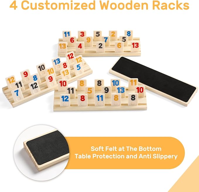 Rummy Cube Game Set with 4 Wooden Racks/Trays, 106 Large Numbers Rummy Tiles Set with Zippered Case, Rummy Travel Game Set with 4 Tiles Holders - Classic Board Games for Family Adults Kids