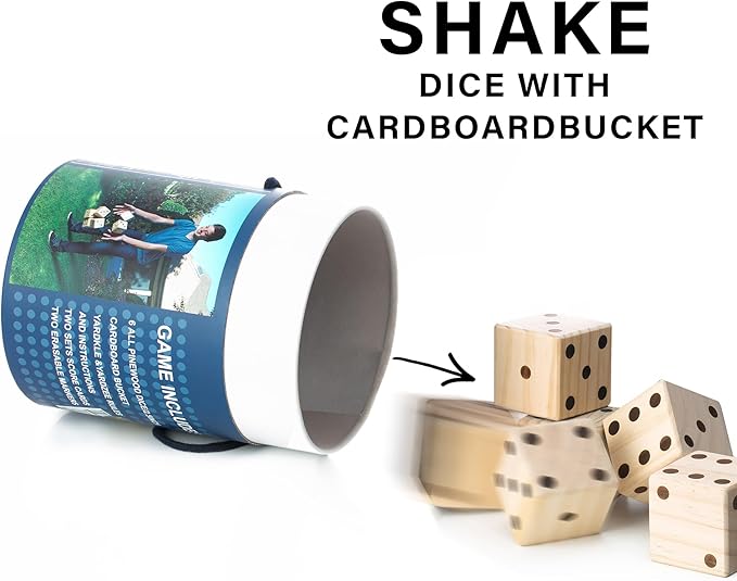 Large Wooden Yard Dice Set of 6 with Two Games and Cardboard Bucket