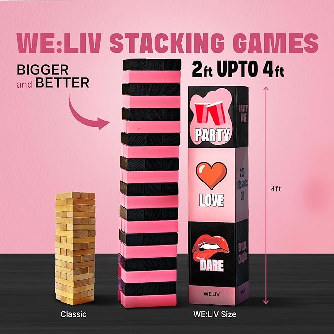 Party Games Nights l Giant Wooden Blocks Stacking Game l Pick Your Game, Fun for Group, Couple, Dare, DIY 200+ Missions and Questions for Party Night l Girls Night Party