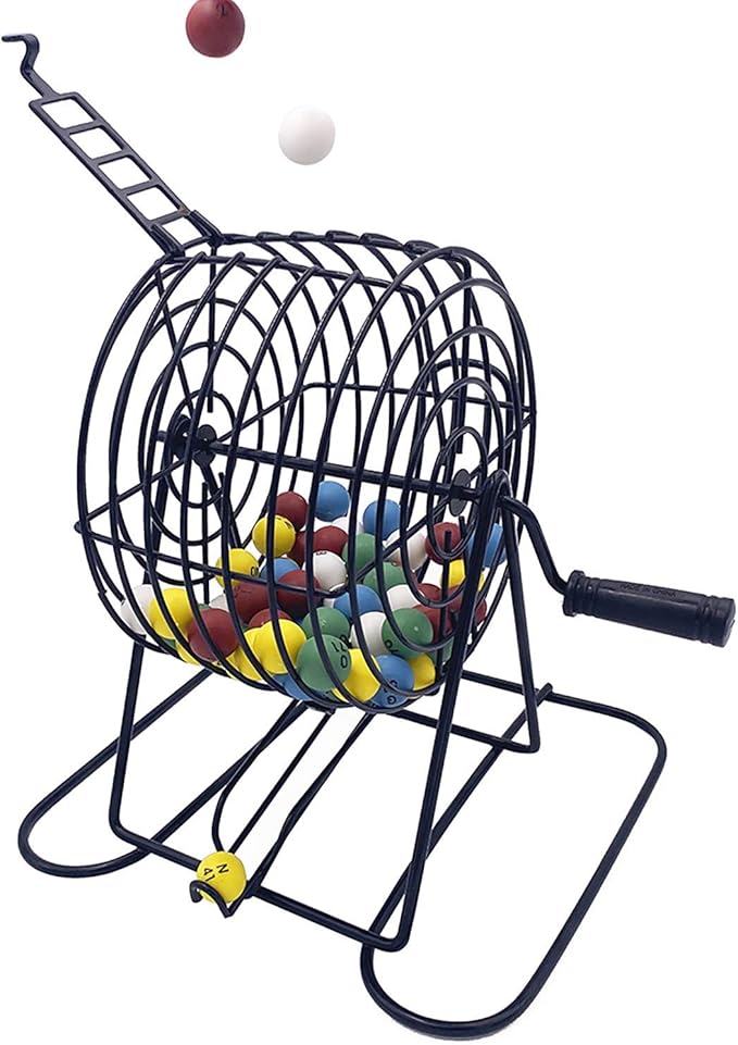 Deluxe Bingo Game Set-6 Inch Metal Cage, Master Board,75 Colored Balls, 50 Bingo Cards,500 6 Color Mix Chips and 2 Bags,Ideal for Large Groups