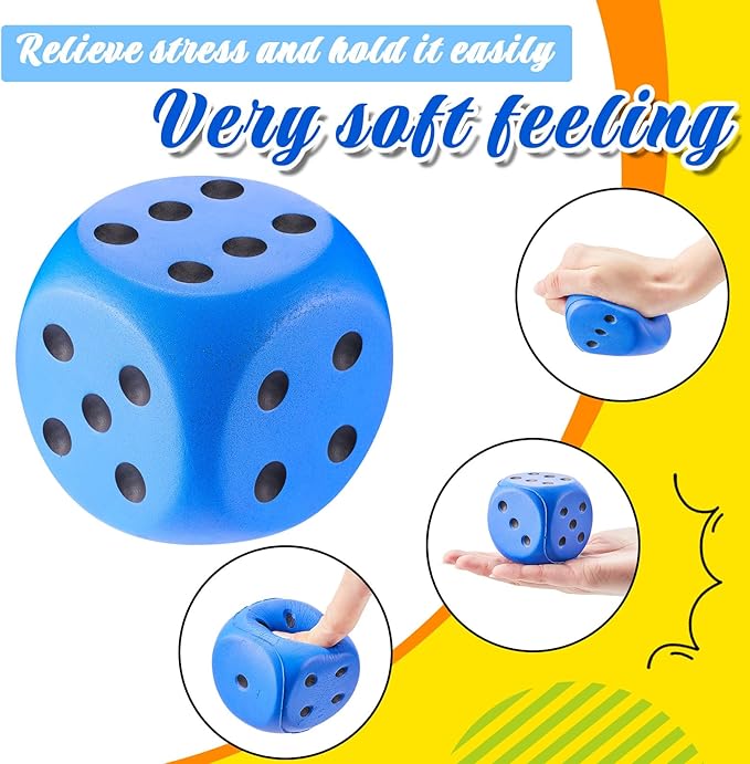 Zomiboo 2 Pcs Large Foam Dice Stress Balls Soft Jumbo 6 Sided Giant Dice Educational Learning Squeeze Anxiety Relieve Toy Gifts for Adults Kids Board Game Classroom(Blue, Orange,2.3 Inch)