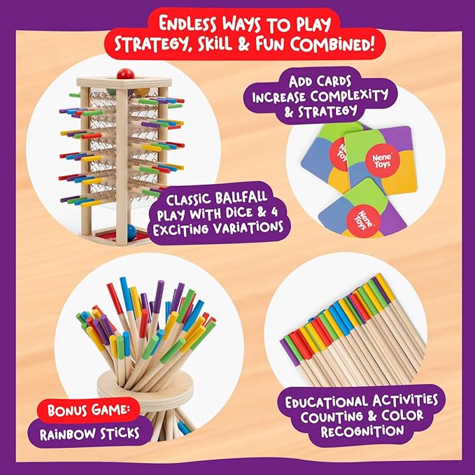 Nene Toys BALLFALL - Montessori Wooden Board Game for Kids Ages 3-9 – Educational Toy for Fine Motor Skills & Logical Thinking – Classic Family Tower Game with Colorful Sticks, Dice & Cards