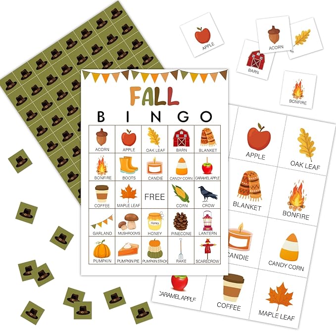 Ziyouza Hello Fall Bingo - Thanksgiving Games for 24 Players, Fall Autumn Activity for Family or Adult, Great Party & Classroom Game -13