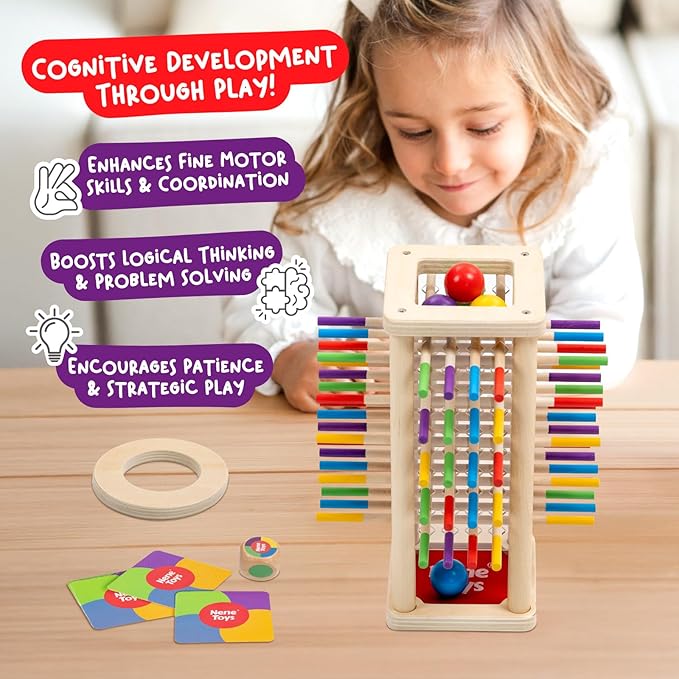Nene Toys BALLFALL - Montessori Wooden Board Game for Kids Ages 3-9 – Educational Toy for Fine Motor Skills & Logical Thinking – Classic Family Tower Game with Colorful Sticks, Dice & Cards