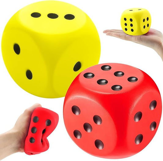 Zomiboo 2 Pcs Large Foam Dice Stress Balls Soft Jumbo 6 Sided Giant Dice Educational Learning Squeeze Anxiety Relieve Toy Gifts for Adults Kids Board Game Classroom(Red, Yellow,2.3 Inch)