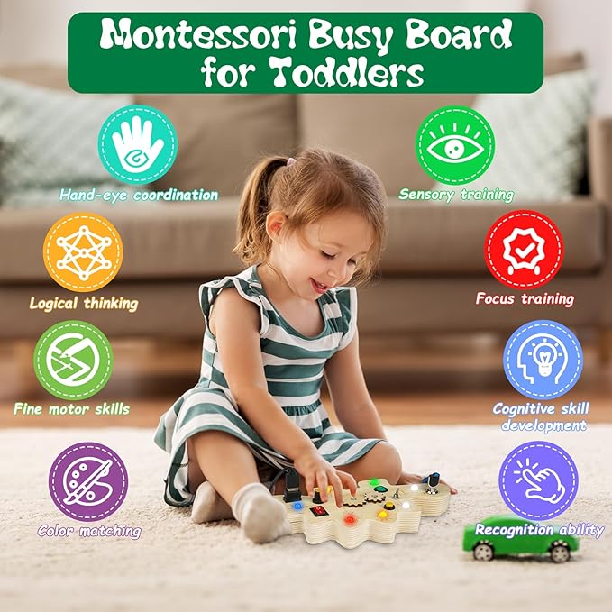 Toddler Busy Board, Montessori Toys for 1-3 Year Old, Wooden Busy Board with LED Light, Dinosaur Sensory Toys for Age 1-3, Boy & Girl Gift