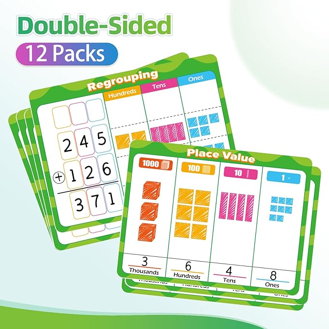 12 PCS Place Value Chart Dry Erase Flash Cards, Addition and Subtraction Learning Math Games for Kids, Base Ten Board Math Manipulatives 1st 2nd 3rd Grade Teacher Classroom Must Haves