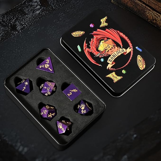 7PCS Metal Dice Set for Dungeons and Dragons,Class Icons Dice,Role Playing Board Games Accessories (Purple)