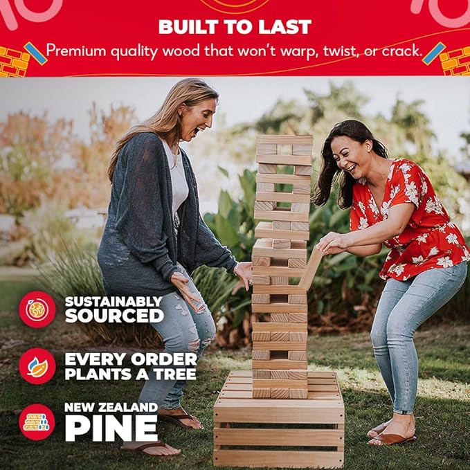 SWOOC Games - Giant Tower Game | 60 Large Blocks | Storage Crate/Outdoor Game Table | Starts Over 2.5ft Big | Max Height of 5ft | Genuine Jumbo Toppling Yard Games | Jumbo Backyard Set