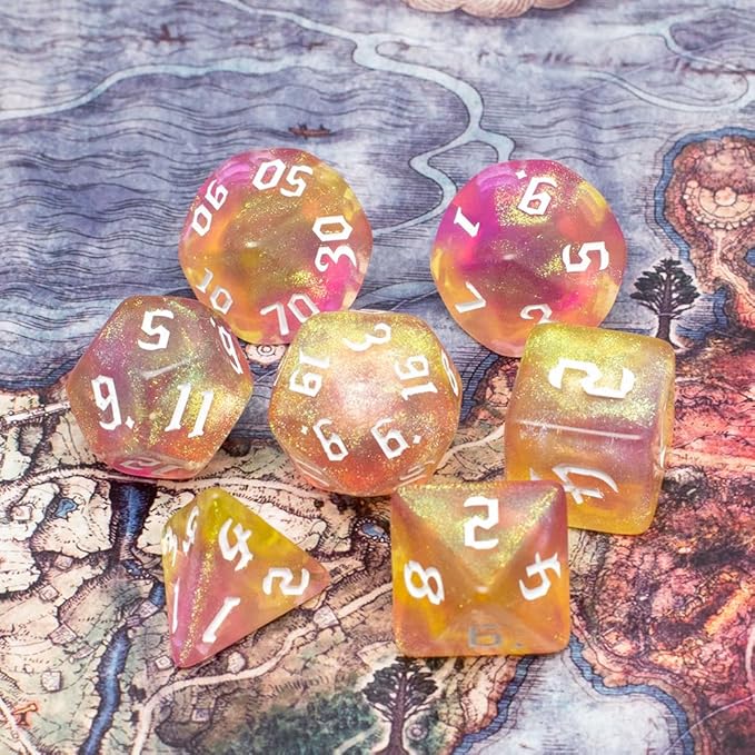 DND Dice Set with Dragon Totem Metal Gife Case, Dungeons and Dragons Dice Set,Polyhedral Dice Set Filled with Shiny Glitters,Role Playing Games and Tabletop Games (Yellow)