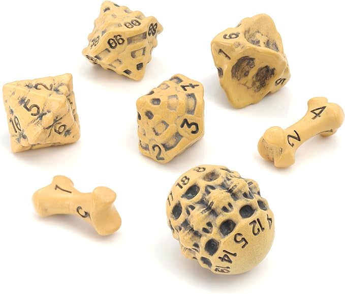 DND Dice Set - Set of 7 Polyhedral Skull & Bone RPG Dice - D20, D12,%D10, D10, D8, D6 & D4 Sided. Cool & Unique Gift for Dungeons & Dragons, Warhammer, D&D, Pathfinder, D and D Accessories. (Yellow)