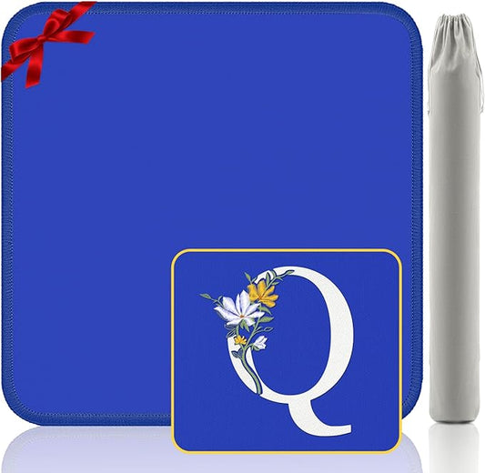 Mahjong Mat for Table | Neoprene Anti-Slip Noise Reduction | 32.4x32.4 Inch Blue | Perfect for American Mahjong, Poker, Card & Board Games | Great Gift Idea(Custom Letter Q Edition)