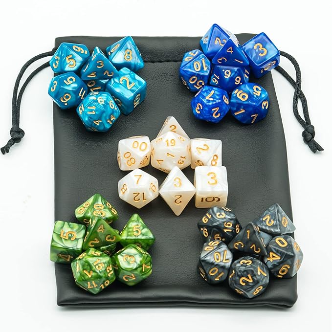 5 Sets Dice DND Polyhedral Dice Set (35pcs) with 1 Leather Die Bag, D&D Die Set for Dungeons and Dragons, RPG Table Games. (5Sets/35Pcs)