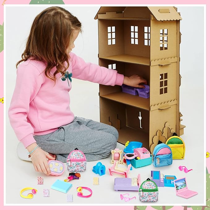 20 Pieces Doll Backpack Set Dollhouse School Accessories Doll Travel Supplies Include Mini Laptop Scene Simulation Backpack Bag with Zipper Mini Headsets Toy Sunglasses Book for 1/12 1/6 Scale