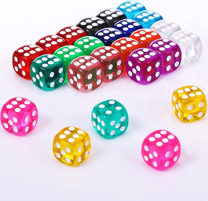 TecUnite 25 Pieces Colored Dice 6 Sided Dice Set, 6 Sided Standard Dices with Black Drawstring Storage Bag for Board Games, Parties, Math Learning, Classroom(Rainbow Color,6 Sides)