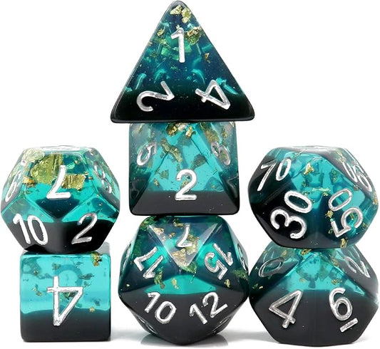 Haxtec DND Dice Set Blue Black Resin Dice Set Gold Foil Flakes D&D Polyhedral Dice for Roleplaying RPG Dungeons and Dragons