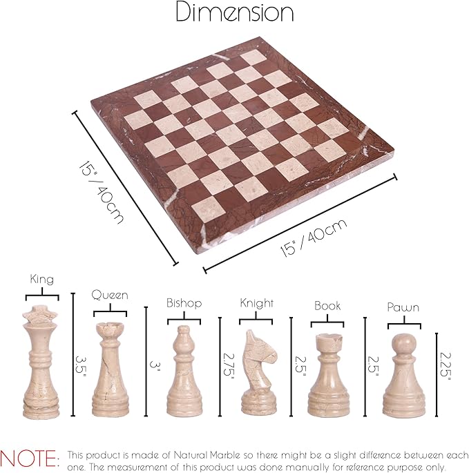 15 Inch Luxury Chess Set Classic Chess Boards for Adults with Handcrafted Stone Board & Marble Chess Pieces Ideal for Home Decor (Marina & Virona)