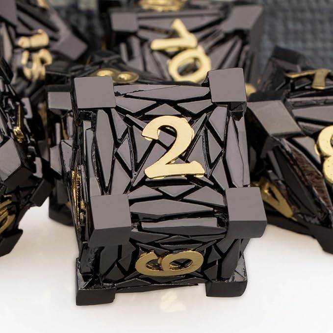 7PCS Metal DND Dice Set with Box, Debris RPG Black Gold D and D Dice for use with D&D Tabletop Games Role Playing Game Polyhedral Dice Set D20 D12 D10 D8 D6 D4